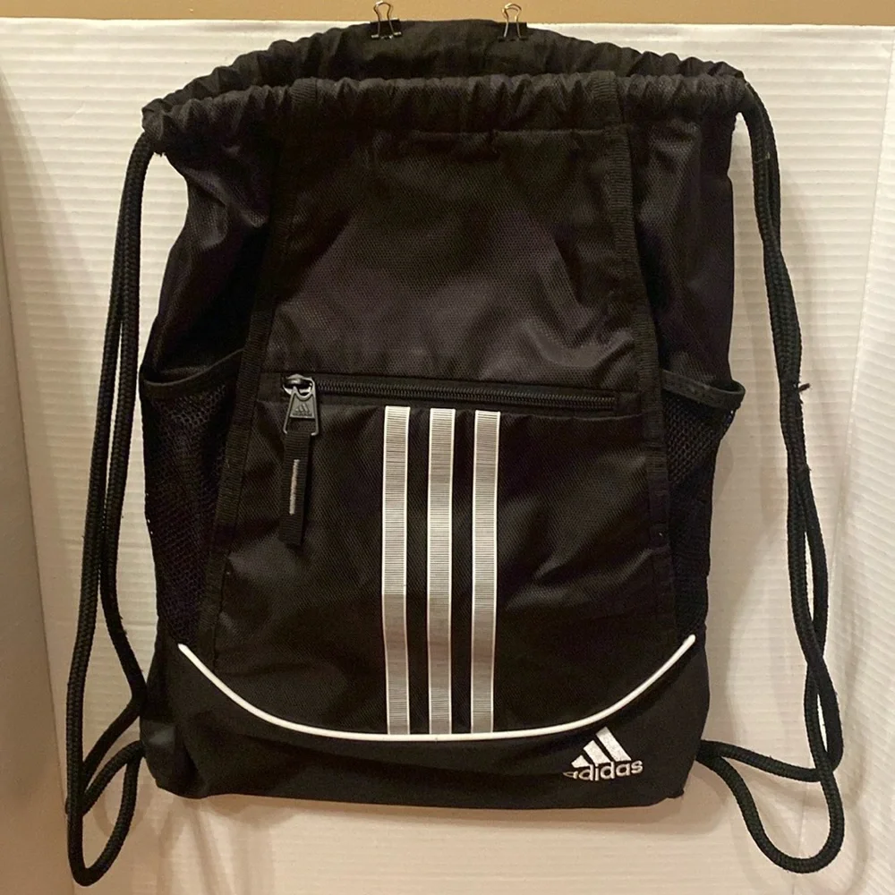 Adidas black w/ 3 gray stripe polyester Drawstring Backpack front zip pocket